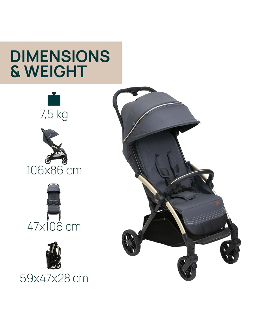 Chicco Goody XPlus Lightweight Stroller-One Hand Fold-Flat Reclining Seat-Big Shock Absorber Wheels-6 Months Warranty-For 0 to 4Y (Upto 22 Kg)-Dark Shadow - Image 7