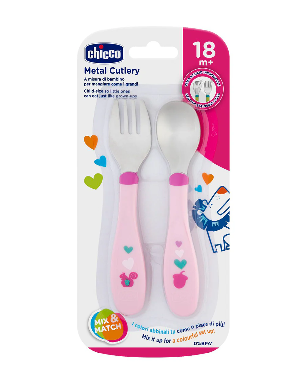 Chicco Metal Cutlery Spoon & Fork Set-Stainless Steel-18M+-Pink-For Infants - Image 2