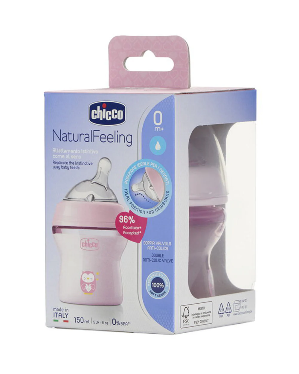 Chicco Natural Feeling Feeding Bottle-Angled Teat-Anti Colic-Slow Flow-150 ml-Pink-0M+ - Image 6