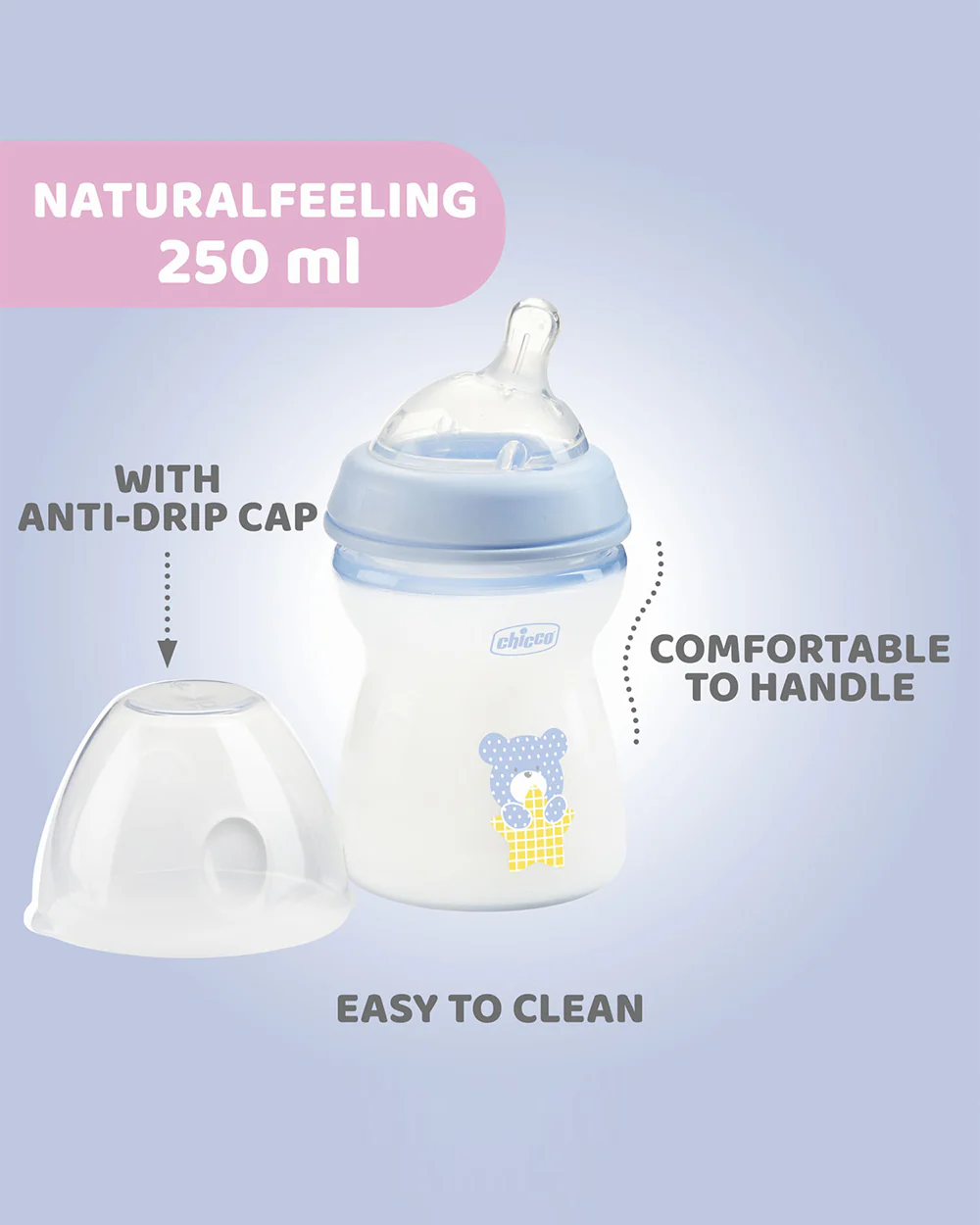 Chicco Natural Feeling Feeding Bottle-Angled Teat-Anti Colic-Slow Flow-250 ml-Blue-2M+ - Image 3
