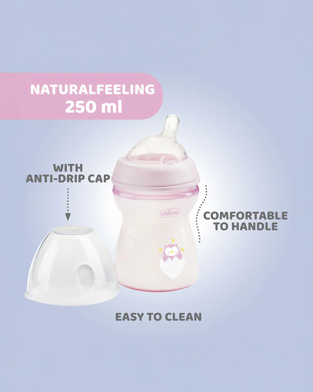 Chicco Natural Feeling Feeding Bottle-Angled Teat-Anti Colic-Slow Flow-250 ml-Pink-2M+ - Image 4