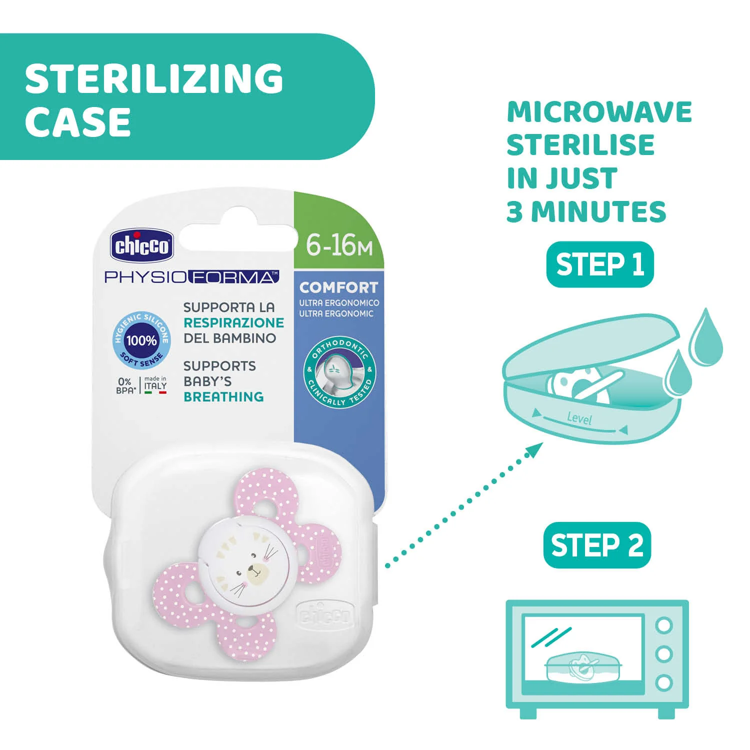 Chicco PhysioForma Comfort Soother-With Sterilizing Case-Orthodontic-Pink Lumi-6 to 16M-Pacifier - Image 6
