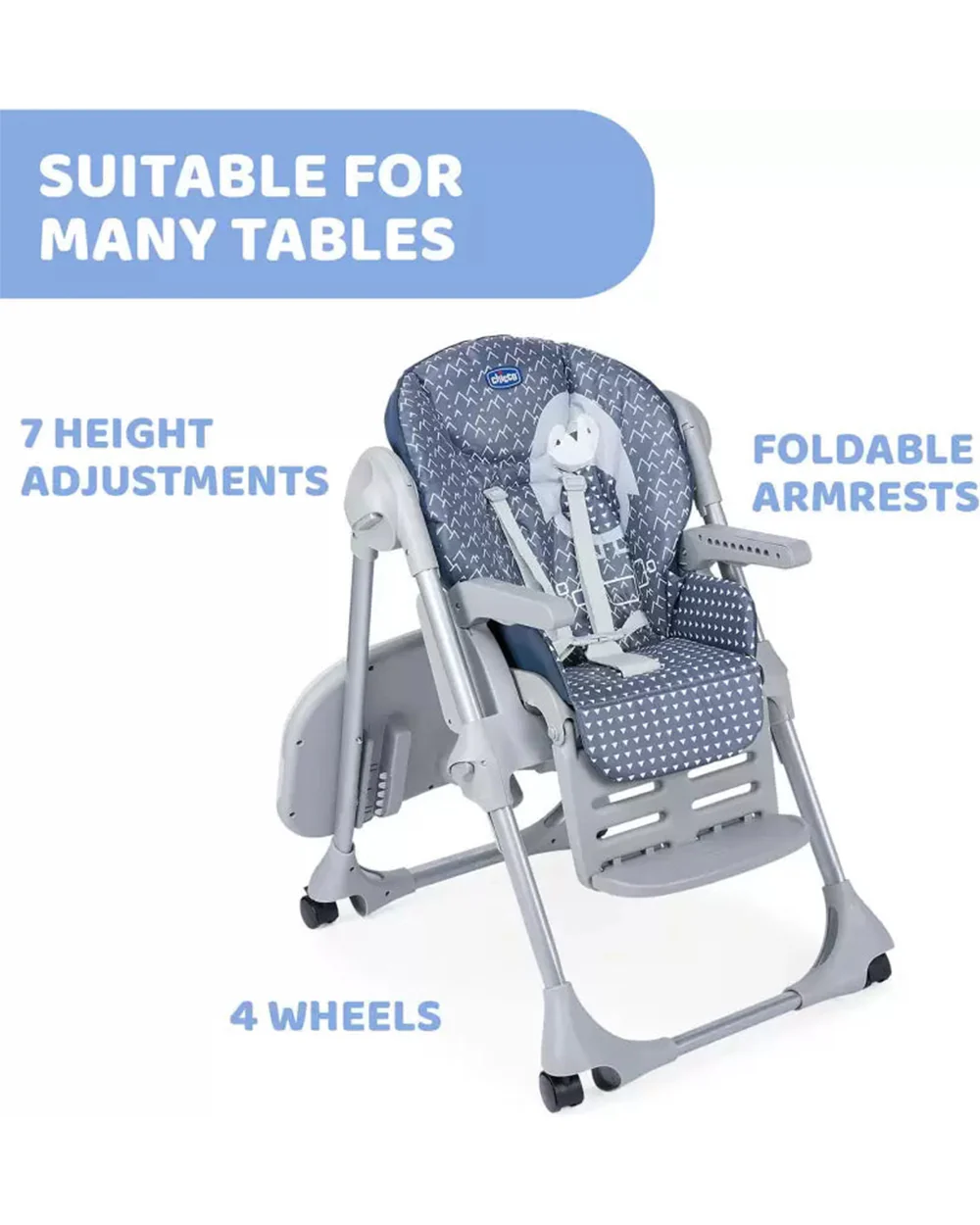 Chicco Polly Easy Baby High Chair-7 Position Height Adjustment-4-Wheels with Brakes-6M to 3Y (Upto 15Kg)-Pinguin - Image 5