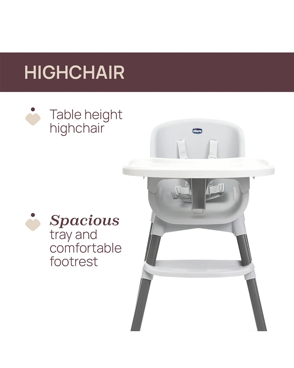 Chicco Polly Zest Baby High Chair-With Feeding Chair, Youth Stool & Baby Chair Mode- 5 Point Harness-Removable Tray-For 6M to 8Y (Upto 40 kg)-Moon Grey - Image 2