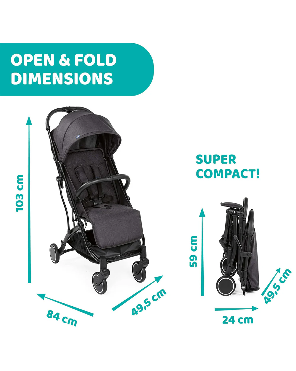 Chicco TrolleyMe Lightweight Baby Stroller-Travel Friendly-One Hand Fold-Pram for 0M+ (Upto 15 Kg)-Stone Black - Image 7