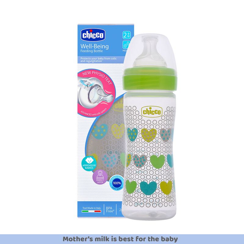 Chicco Well Being Feeding Bottle-Anti Colic-Slow Flow-250 ml-Green-2M+ - Image 7
