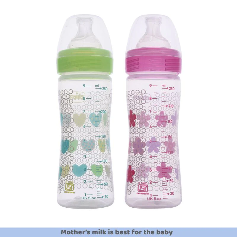 Chicco Well Being Feeding Bottle-Anti Colic-Slow Flow-250 ml-Pack of 2-Pink & Green-2M+ - Image 2