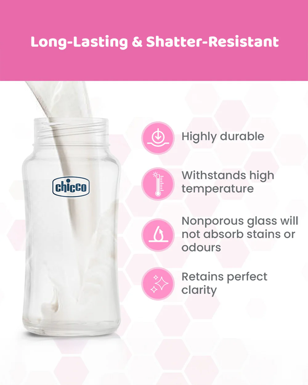 Chicco Well Being Glass Feeding Bottle-Anti Colic-Wide Neck-Medium Flow-240 ml-Pink-2M+ - Image 4
