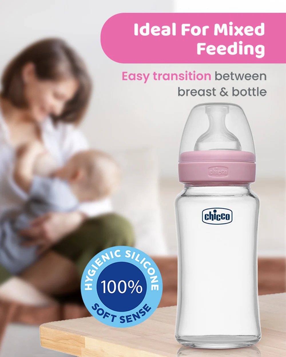 Chicco Well Being Glass Feeding Bottle-Anti Colic-Wide Neck-Medium Flow-240 ml-Pink-2M+ - Image 7