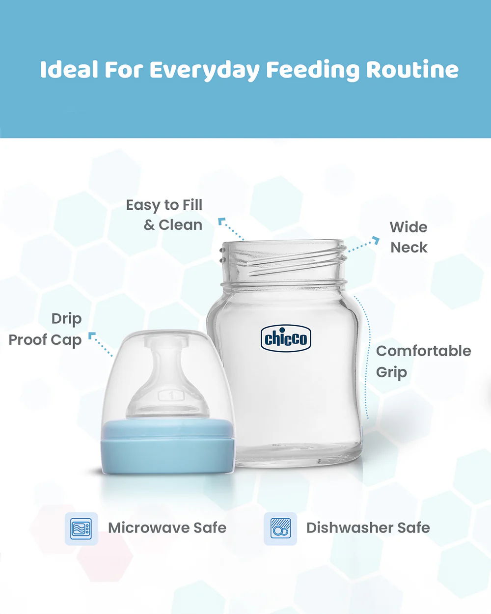 Chicco Well Being Glass Feeding Bottle-Anti Colic-Wide Neck-Slow Flow-120 ml-Blue-0M+ - Image 3