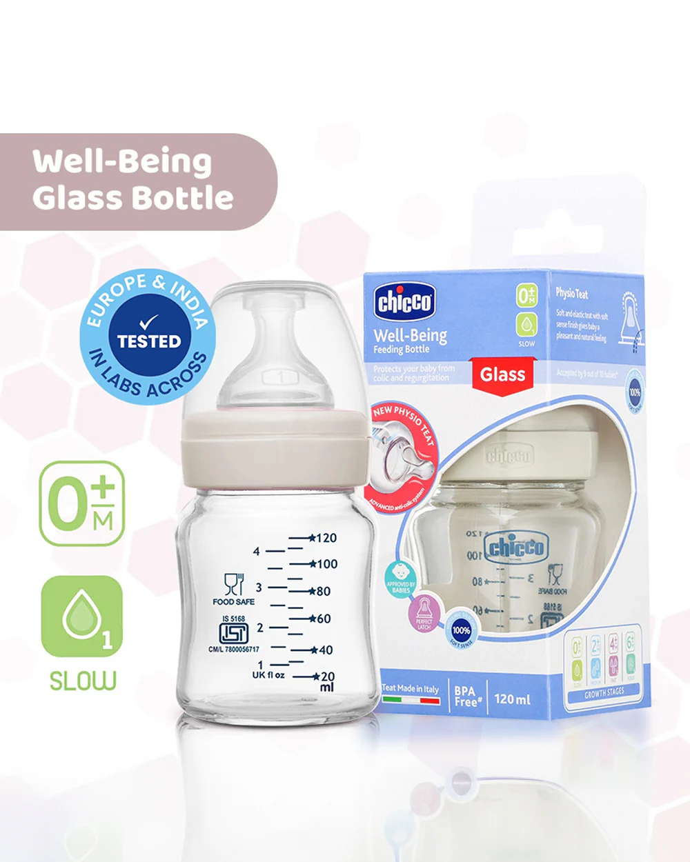 Chicco Well Being Glass Feeding Bottle-Anti Colic-Wide Neck-Slow Flow-120 ml-Neutral-0M+ - Image 10