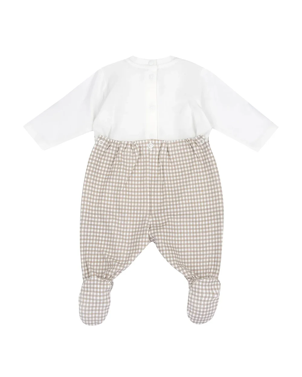 Chicco White & Beige Dungaree Sleepsuit-Checkered Print-Cotton-For Infants - Image 2
