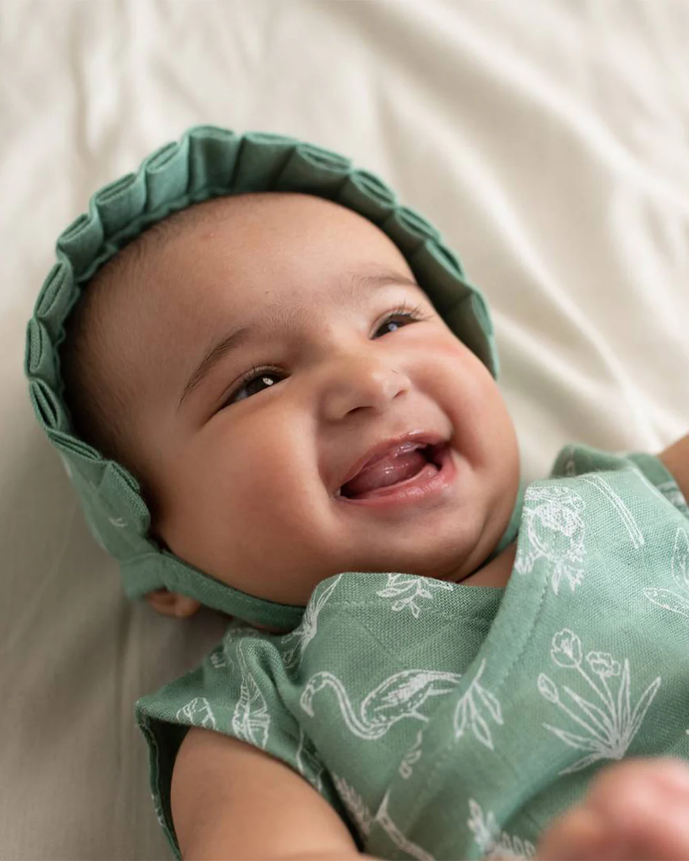 Cocoon Care Sage Green Bonnet Cap-Tropical-Bamboo Muslin-For Infants - Image 3