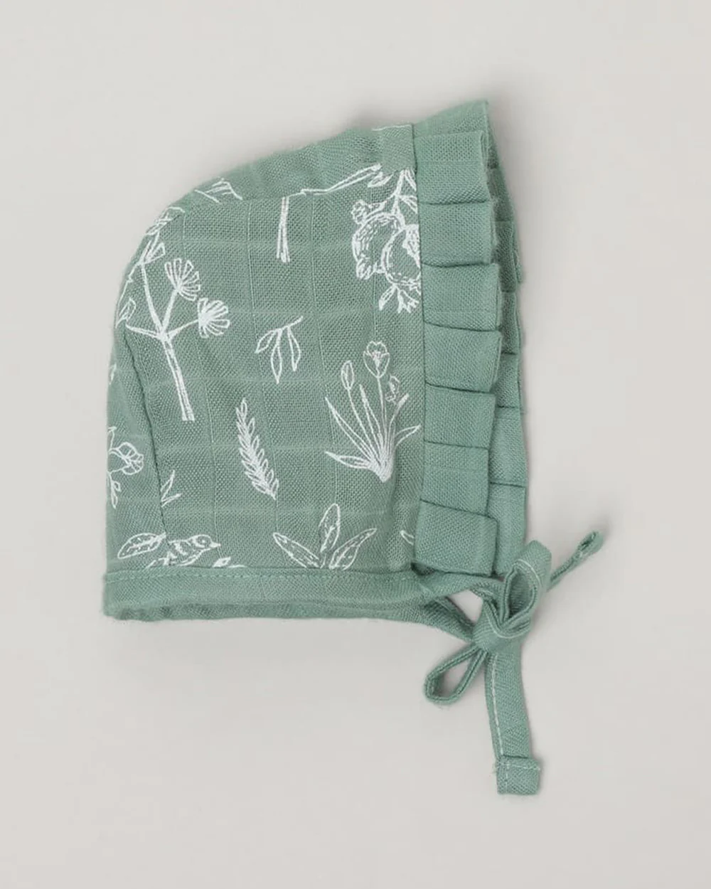 Cocoon Care Sage Green Bonnet Cap-Tropical-Bamboo Muslin-For Infants - Image 4