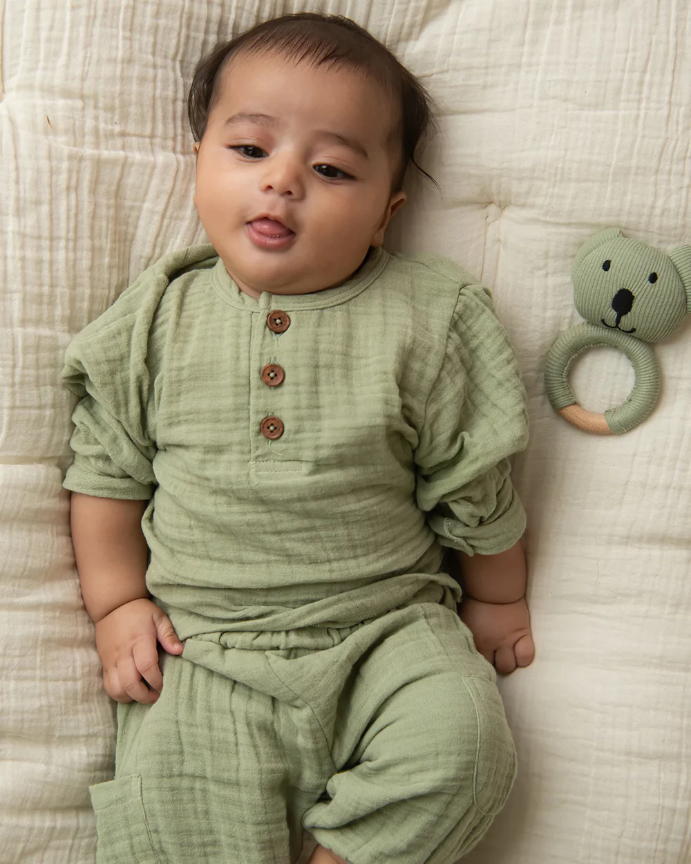 Cot & Candy Baby Sage Green Long Sleeves T-Shirt-Sage-Organic Muslin-For Infants - Image 3