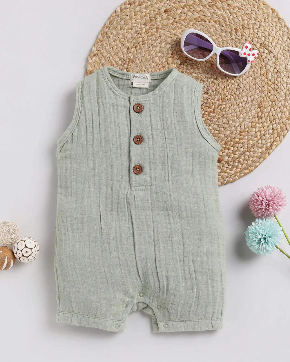 Cot & Candy Baby Sage Green Romper-Sage-Organic Muslin-For Infants - Image 5