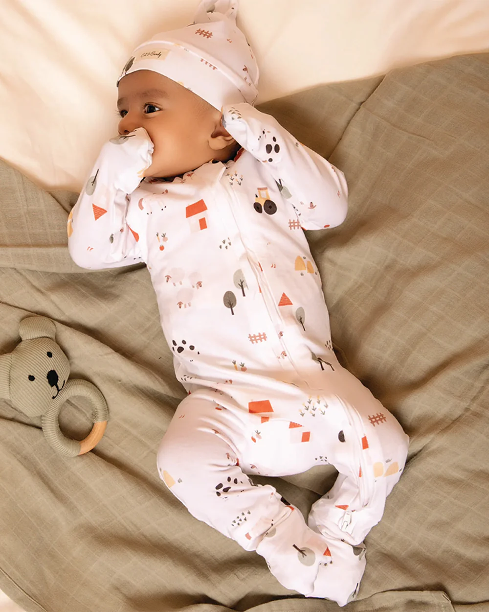 Cot & Candy Baby White Sleepsuit-Farm Animals-Organic Cotton-For Infants - Image 2