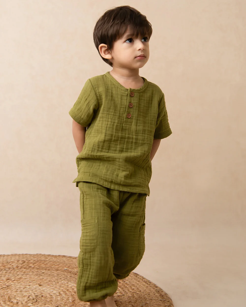 Cot & Candy Olive Shirt & Jogger Set-Organic Muslin-Solid-For Infants - Image 4