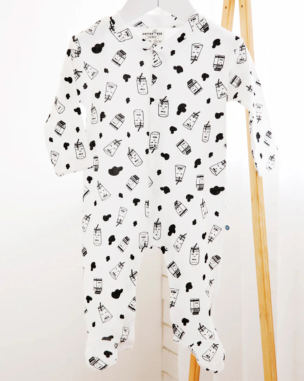 Cotton Bug White & Black Sleepsuit-Milk Bottle Print-100% Organic Cotton-For Infants - Image 4