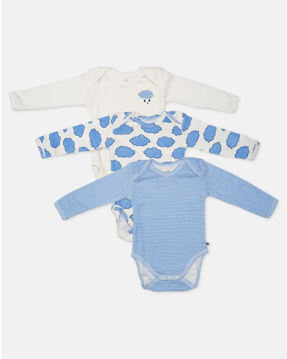 Cotton Bug White & Blue Bodysuit-Cloud-Organic Cotton-Full Sleeves-Pack of 3-For Infants