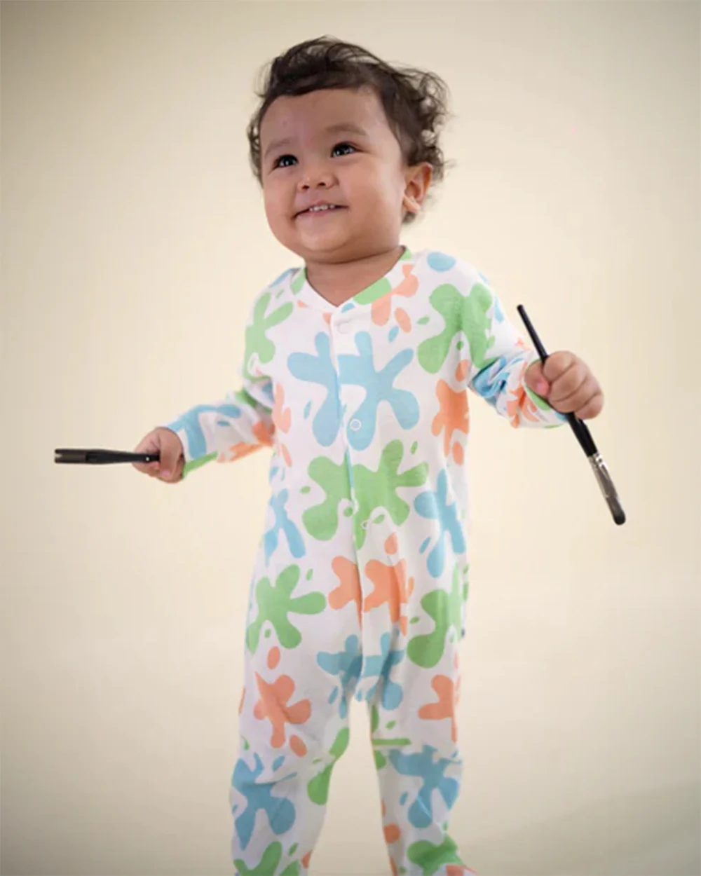 Cotton Bug White & Multicolor Sleepsuit-Art Splash Print-100% Organic Cotton-For Infants - Image 4