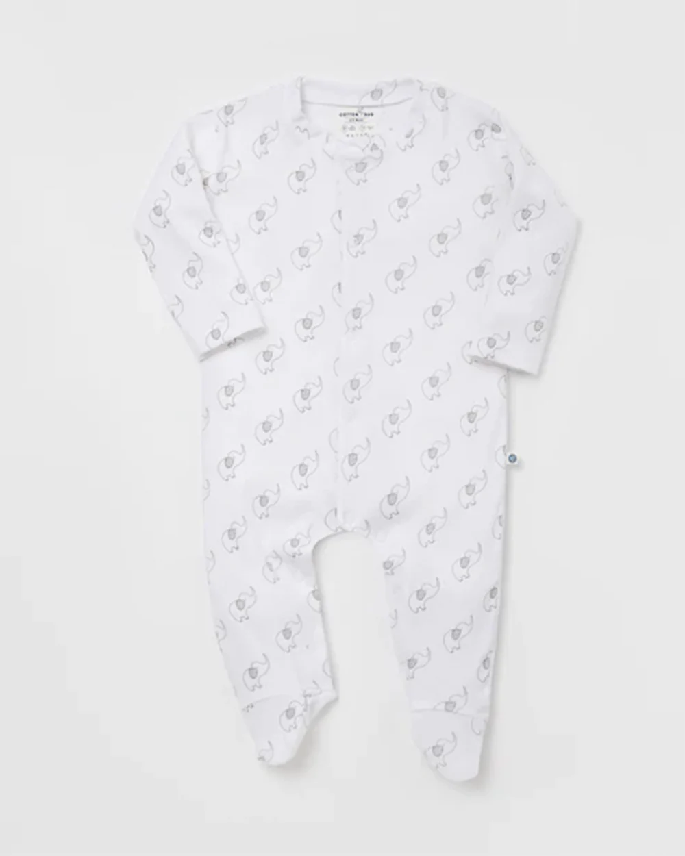 Cotton Bug White & Light Grey Sleepsuit-Elephant Print-100% Organic Cotton-For Infants