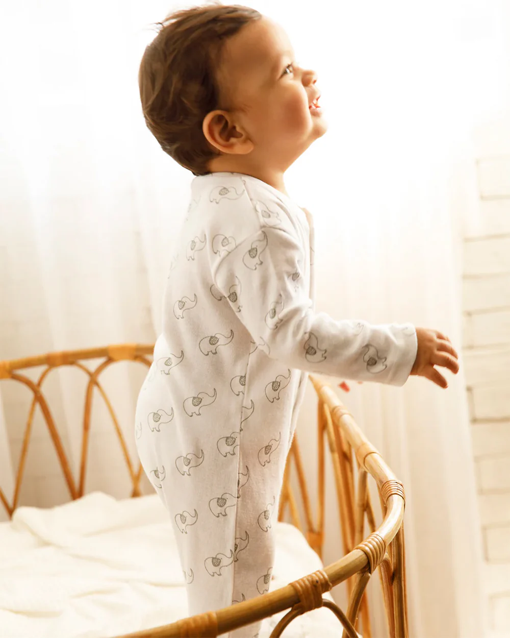 Cotton Bug White & Light Grey Sleepsuit-Elephant Print-100% Organic Cotton-For Infants - Image 3