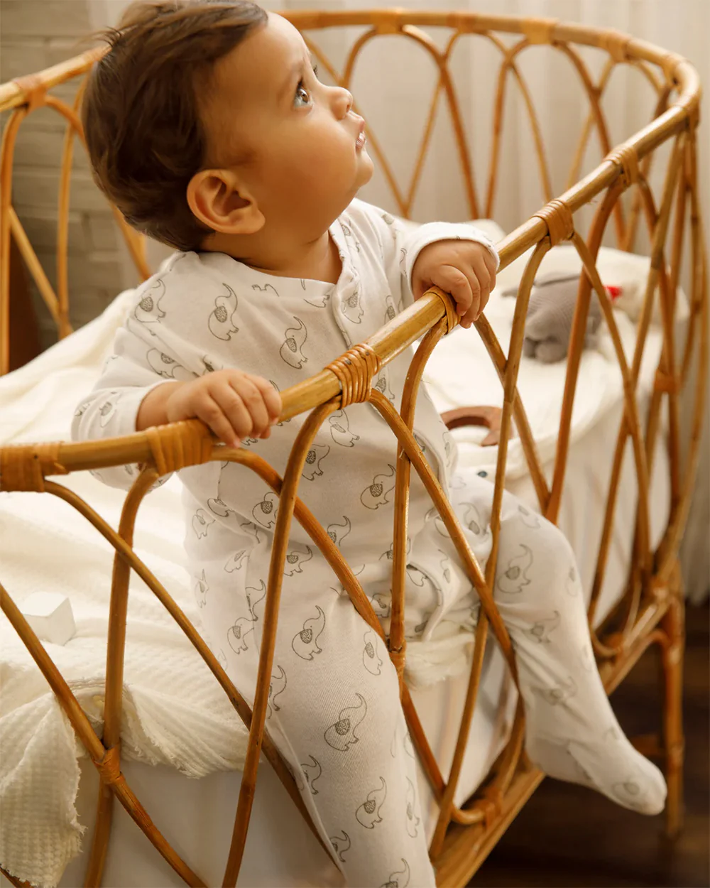 Cotton Bug White & Light Grey Sleepsuit-Elephant Print-100% Organic Cotton-For Infants - Image 4