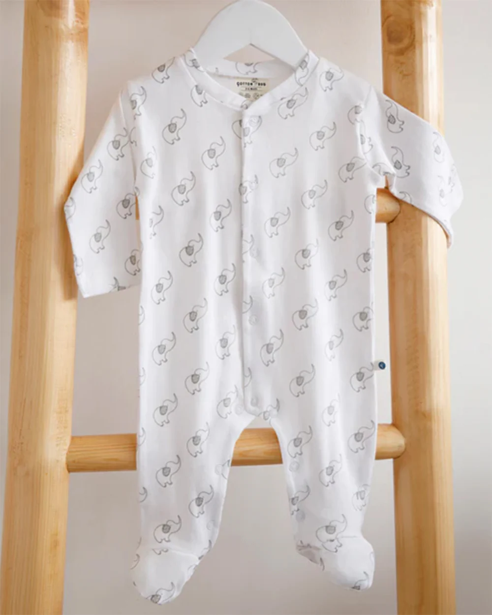Cotton Bug White & Light Grey Sleepsuit-Elephant Print-100% Organic Cotton-For Infants - Image 5