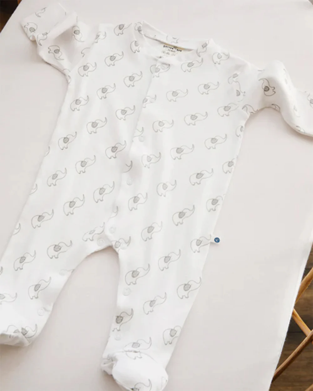 Cotton Bug White & Light Grey Sleepsuit-Elephant Print-100% Organic Cotton-For Infants - Image 6