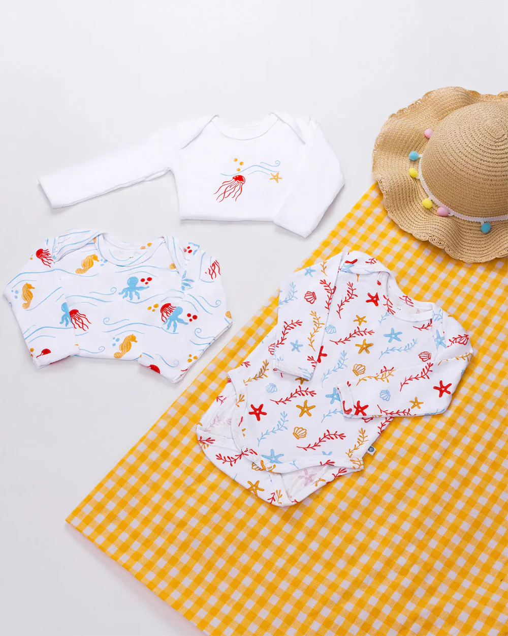 Cotton Bug White & Multicolor Bodysuit Sets with Caps-Organic Cotton-Sea World-Pack of 3-For Infants - Image 2