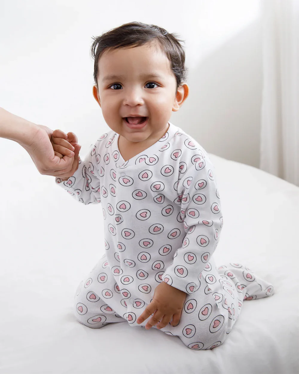 Cotton Bug White & Pink Sleepsuit-Heart Print-100% Organic Cotton-For Infants - Image 4