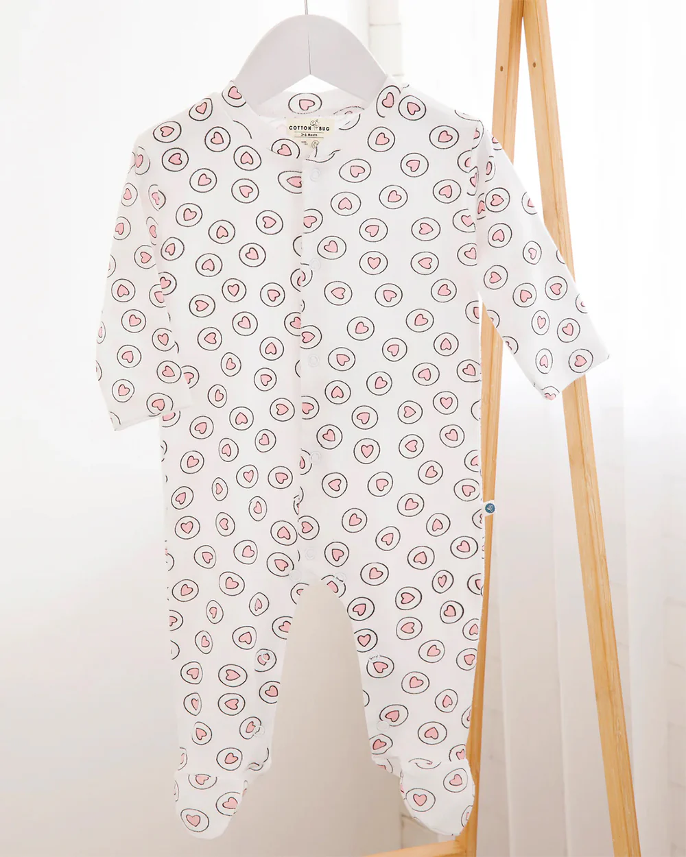Cotton Bug White & Pink Sleepsuit-Heart Print-100% Organic Cotton-For Infants - Image 6