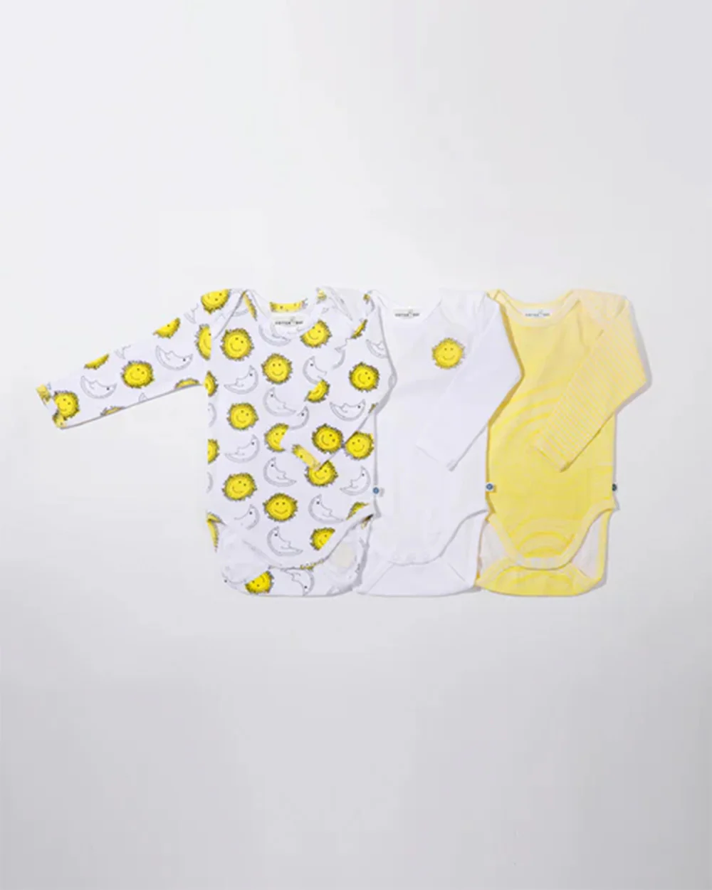 Cotton Bug White & Yellow Bodysuit-Sun & Moon-Organic Cotton-Full Sleeves-Pack Of 3-For Infants