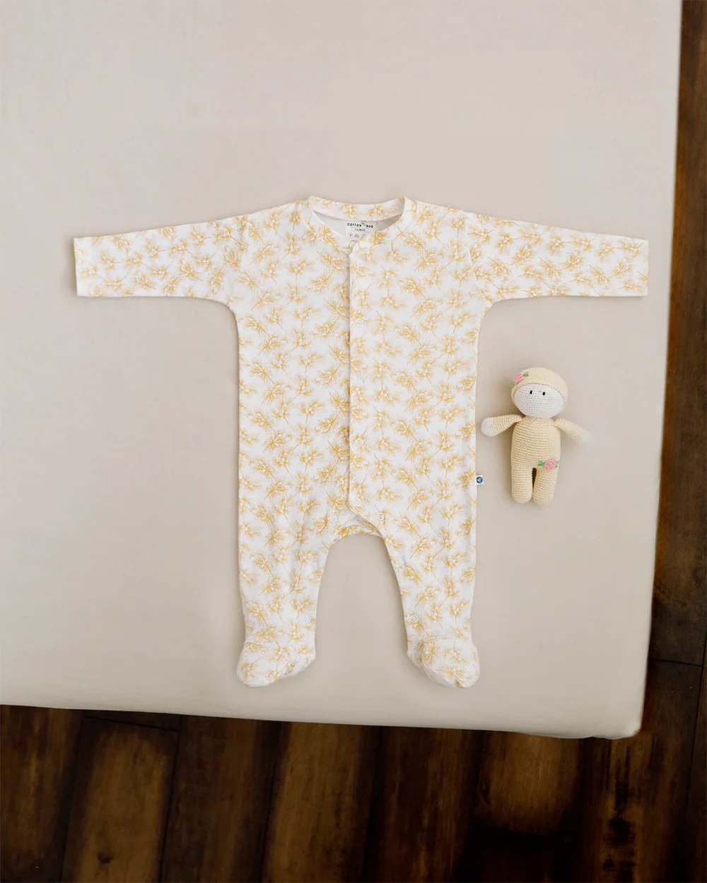 Cotton Bug White & Yellow Sleepsuit-Olive Print-100% Organic Cotton-For Infants - Image 4