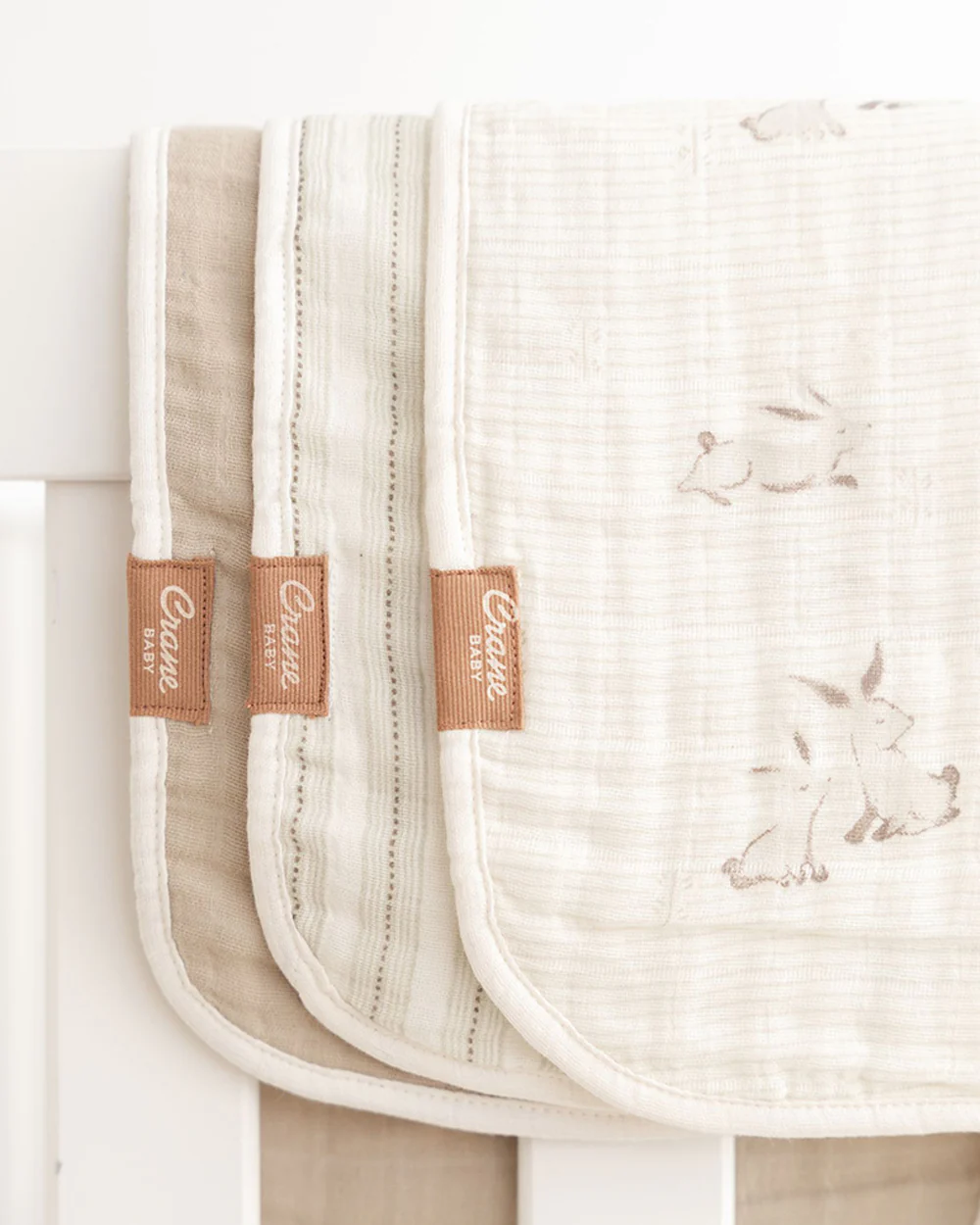 Crane Baby Burp Cloth Set-With Soft Muslin Front & Terry Back-Super Absorbent-Lightweight & Hypoallergenic-Avery Bunny-Pack of 3-For Infants - Image 3