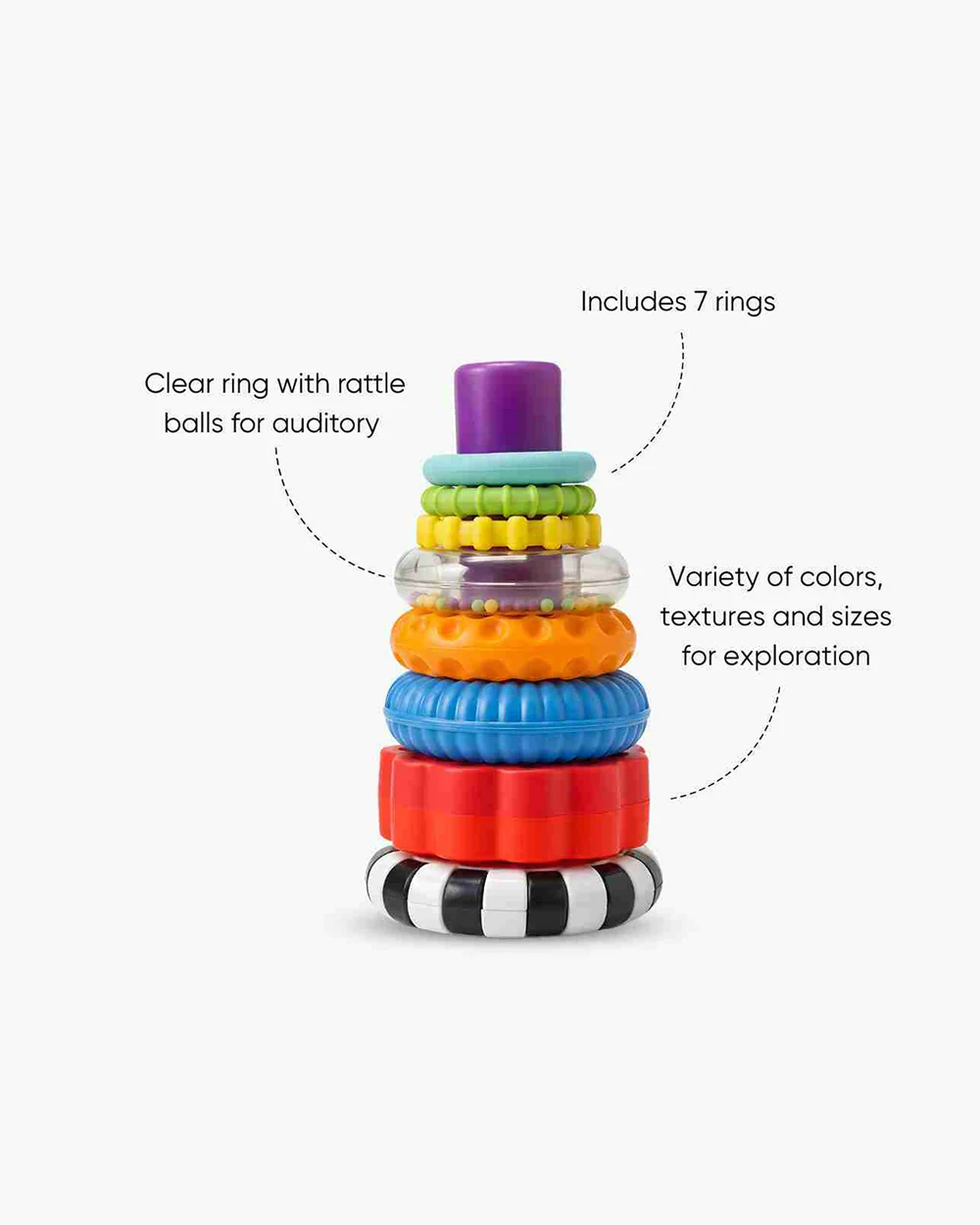 Curious Cub Sensory Ring Stacker-7 Coloured Rings & 1 Clear Ring With Rattle Balls-Learning & Educational Toys-6M+ - Image 2