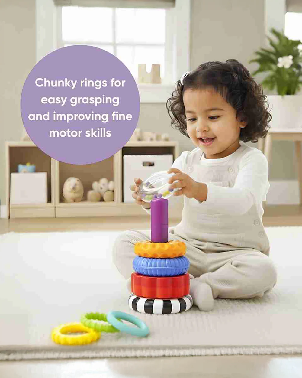 Curious Cub Sensory Ring Stacker-7 Coloured Rings & 1 Clear Ring With Rattle Balls-Learning & Educational Toys-6M+ - Image 4