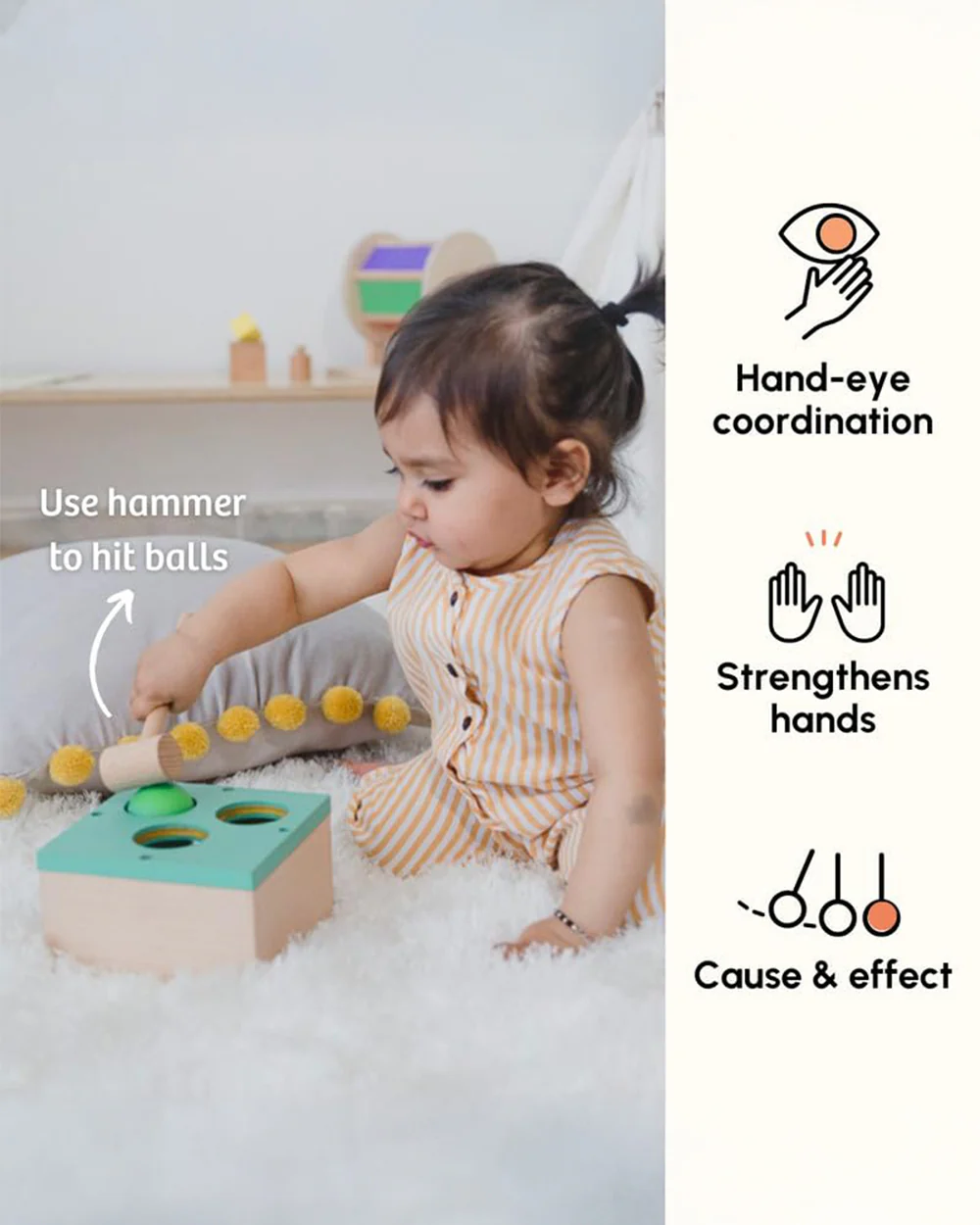 Curious Cub Wooden Hammer Ball Knock-Includes 5 Pieces-Sensory Exploration-Pretend & Play Toy-1 to 2Y - Image 3