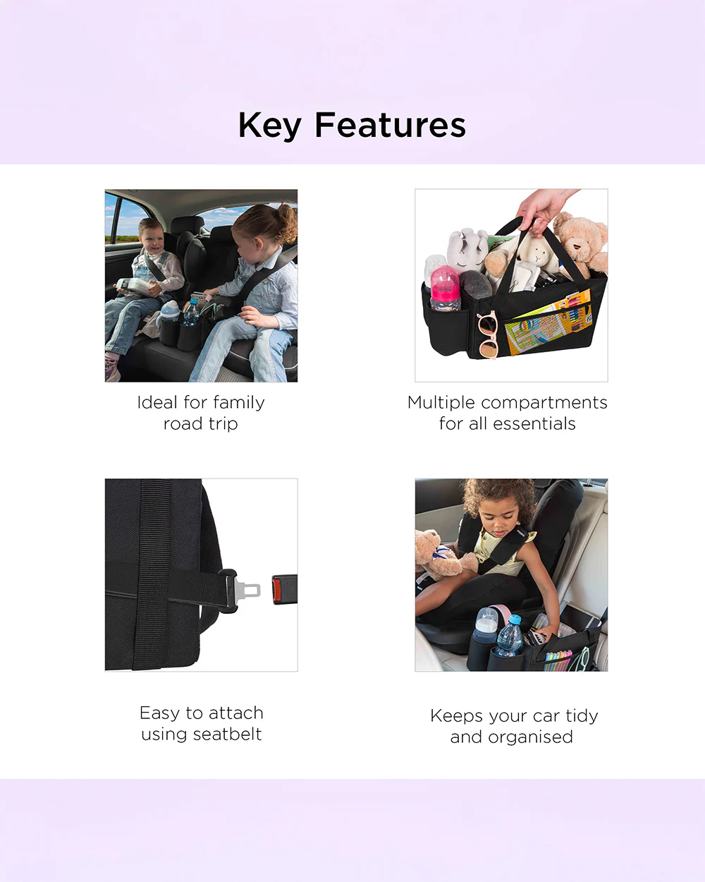 Dooky Back Seat Basket-Easy To Attach With Car Seat Belt-With Two Carry Handles & Multiple Storage Compartments-Black - Image 3