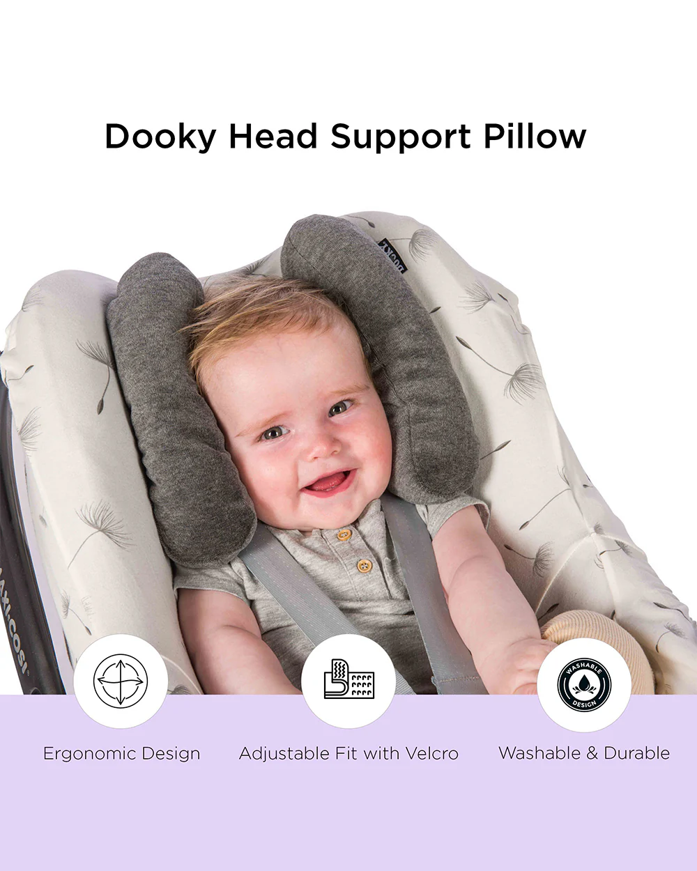 Dooky Head Support Pillow-Suitable For Strollers & Car Seats-With Adjustable Velcro Strap-For Better Head & Neck Support During Travel-For 0 to 5 Years-Grey - Image 2