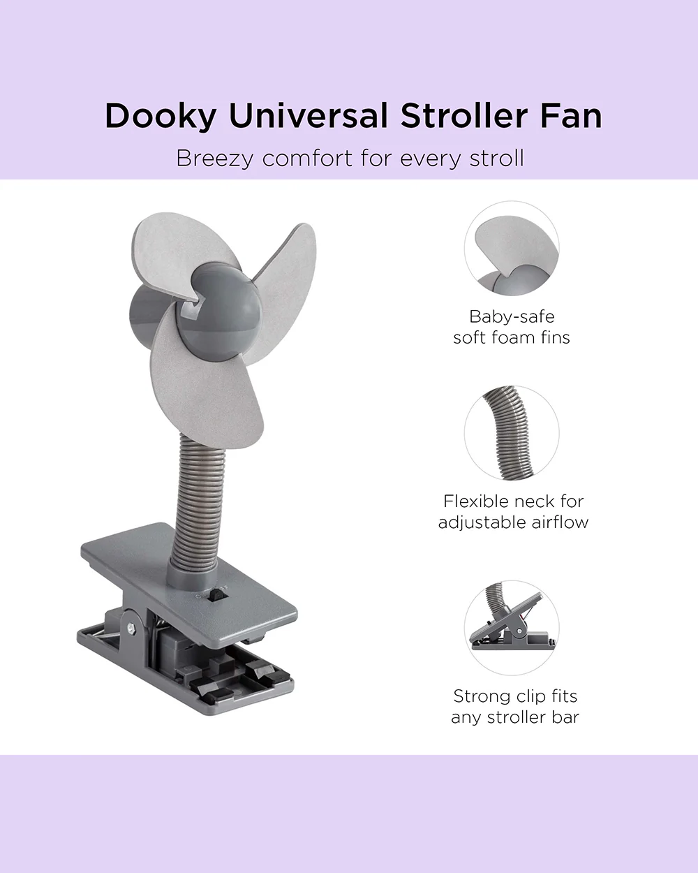 Dooky Stroller Fan Soft Foam-100% Baby Safe Soft Foam Fins-Clips Onto Stroller Bumper Bar-Flexible Neck-Requires Battery-Grey - Image 2