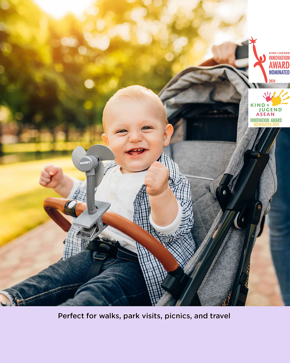 Dooky Stroller Fan Soft Foam-100% Baby Safe Soft Foam Fins-Clips Onto Stroller Bumper Bar-Flexible Neck-Requires Battery-Grey - Image 6