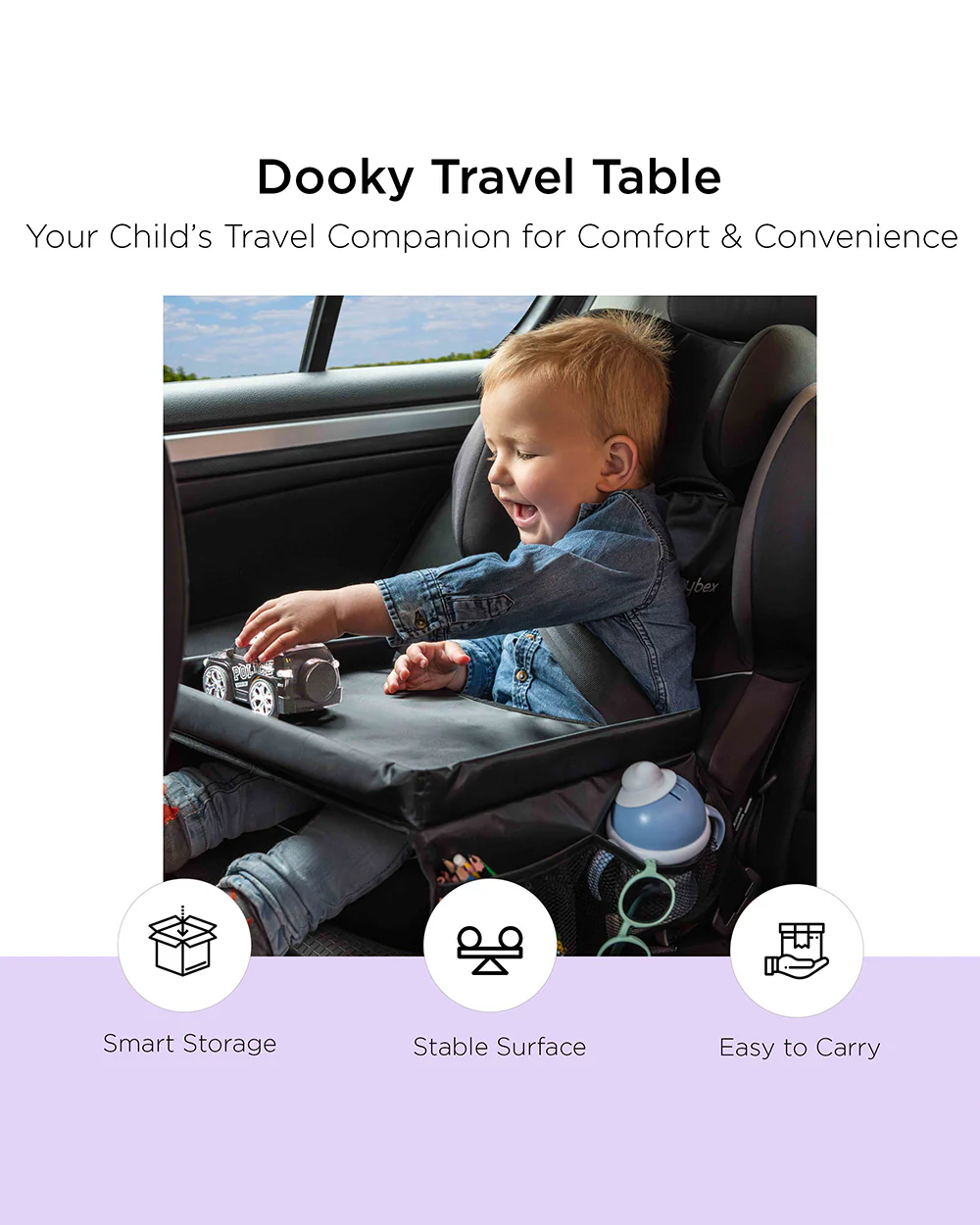 Dooky Travel Table-Sturdy With Raised Edges-Suitable For Cars, Trains, Airplanes & Car Seats-Easy To Clean-With Convenient Storage Compartments-Black - Image 2