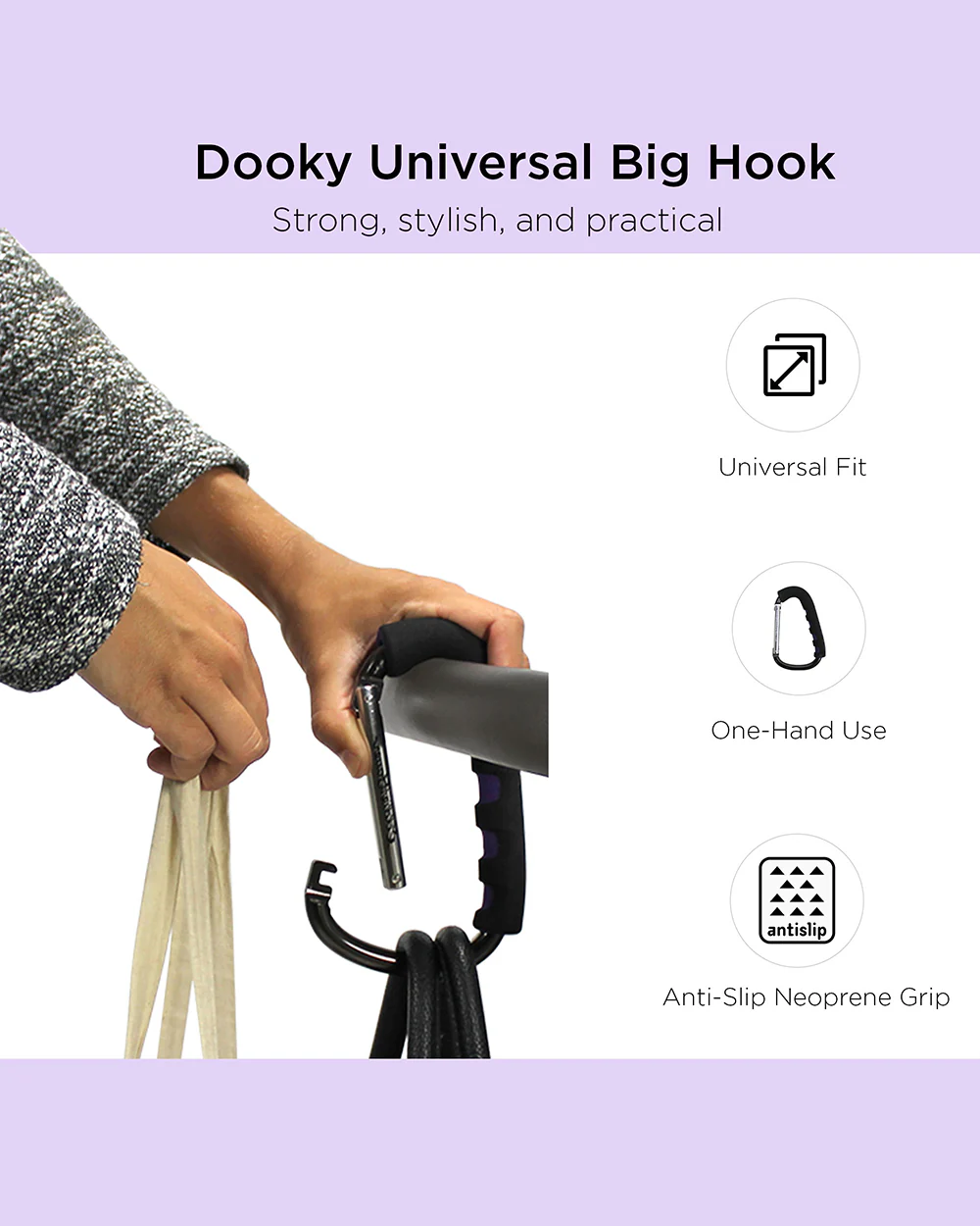Dooky Universal Hook-Clips Onto Stroller Handle Bars & Shopping Carts-Strong & Robust-Black - Image 2