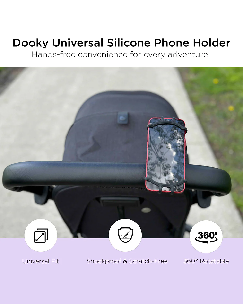 Dooky Universal Phone Holder-Fits Onto Stroller Handle Bars, Bumper Bars & Car Headrests-Shock Proof & 360 Degree Rotatable-Black - Image 2