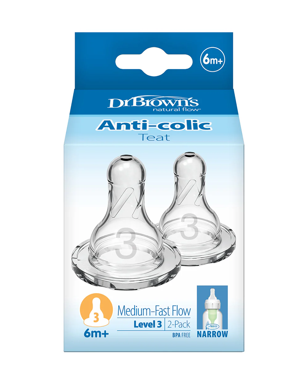 Dr. Brown's Natural Flow Narrow Nipple-Level 3-Anti Colic Vent System-Pack of 2-Feeding Bottle Teat - Image 2