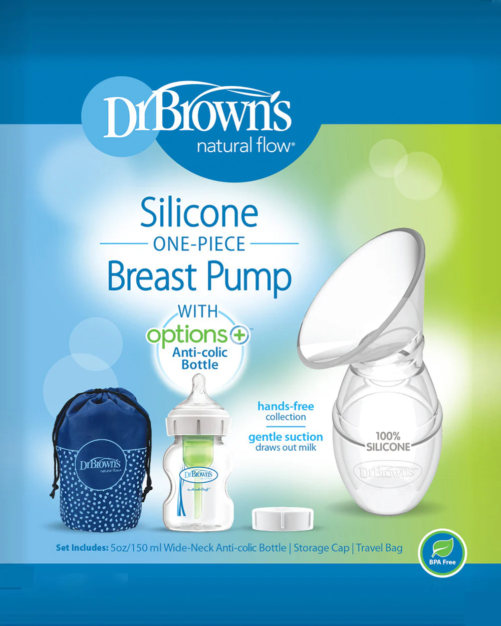 Dr. Brown's Silicone One-Piece Breast Pump-Gentle Suction-Includes Anti-Colic Options+ Bottle, Storage Cap & Travel Bag-Soft Silicone & Easy-Pour Design-BPA Free-Milk Expression Pump - Image 4