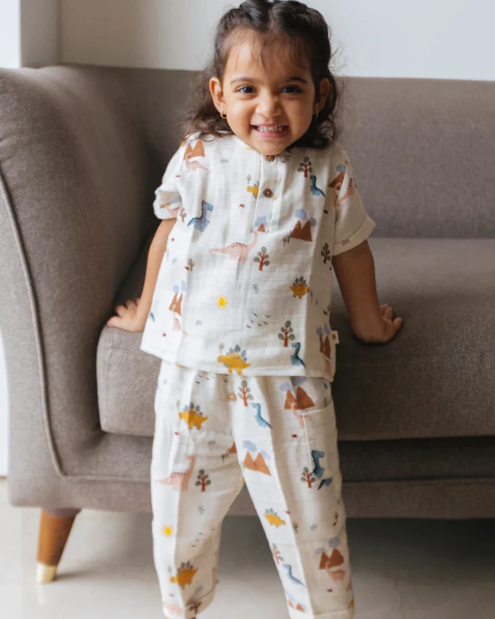 Dulaar A Day With Dinos Top & Pajama Set-Printed-Short Sleeves-Organic Cotton-For Infants - Image 2