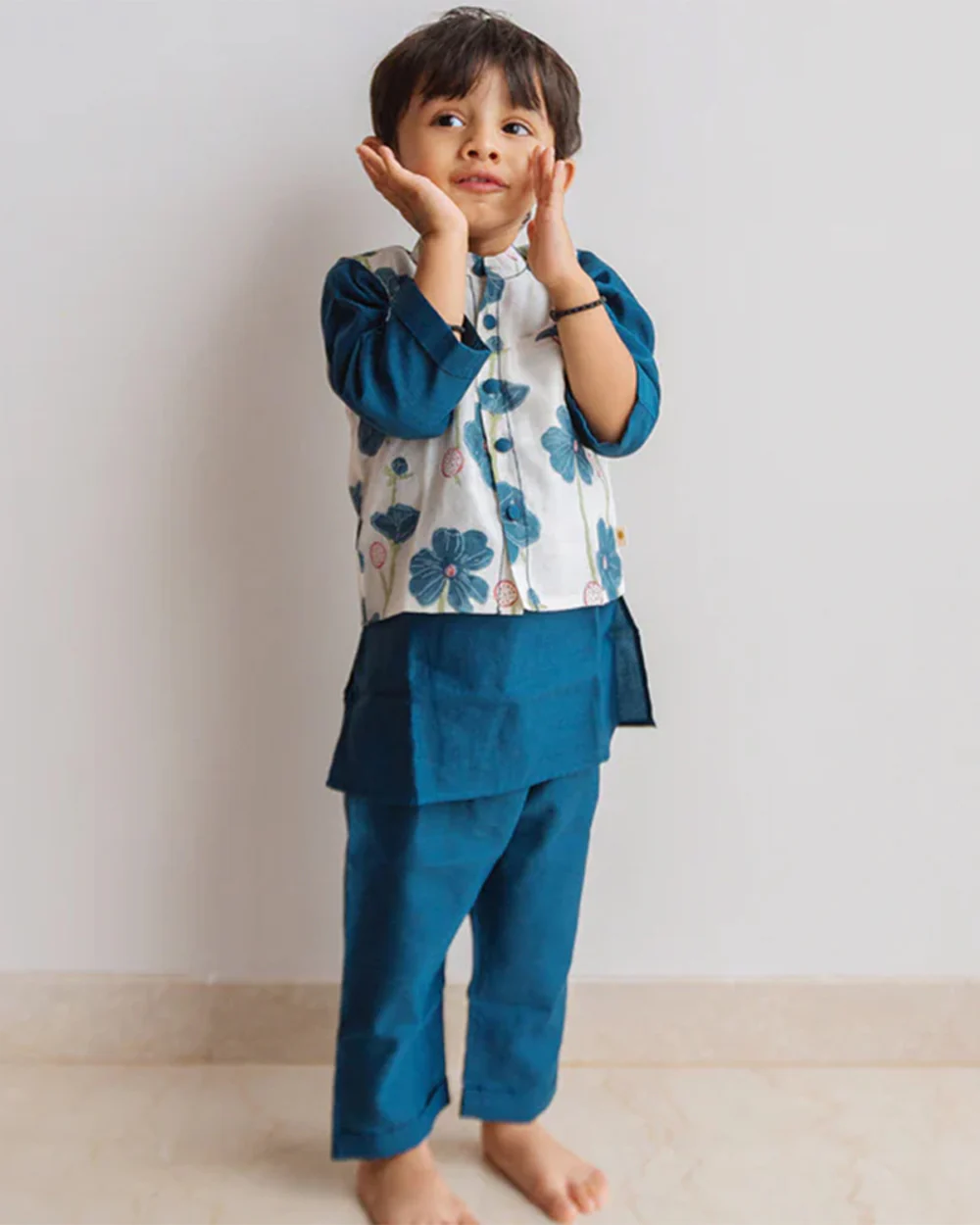 Dulaar Teal Kurta Pajama Set-Hand Block Printed-Chanderi Cotton-For Infants - Image 3